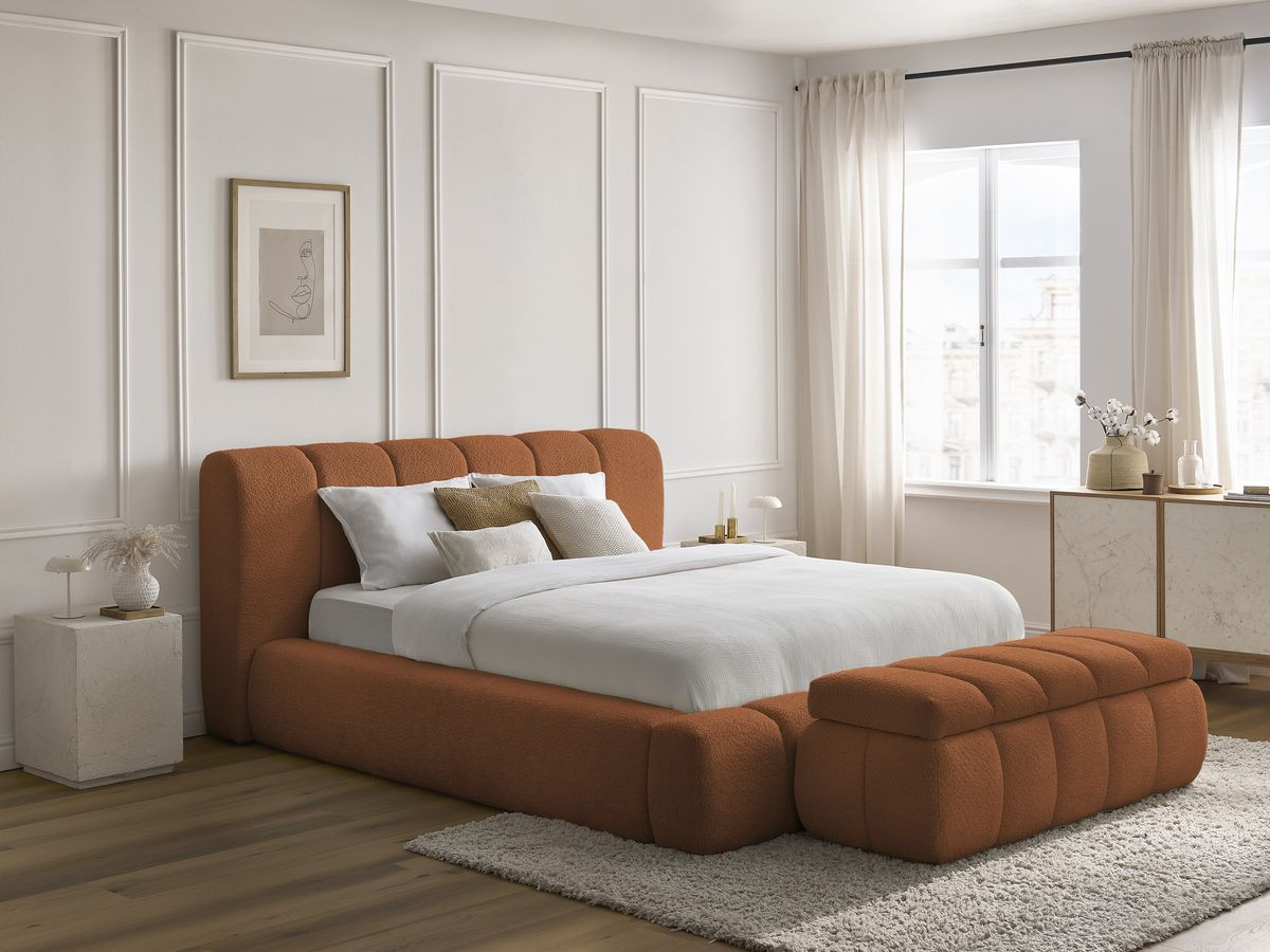 Lit coffre DENALI tissu bouclette + Bout de lit DENALI