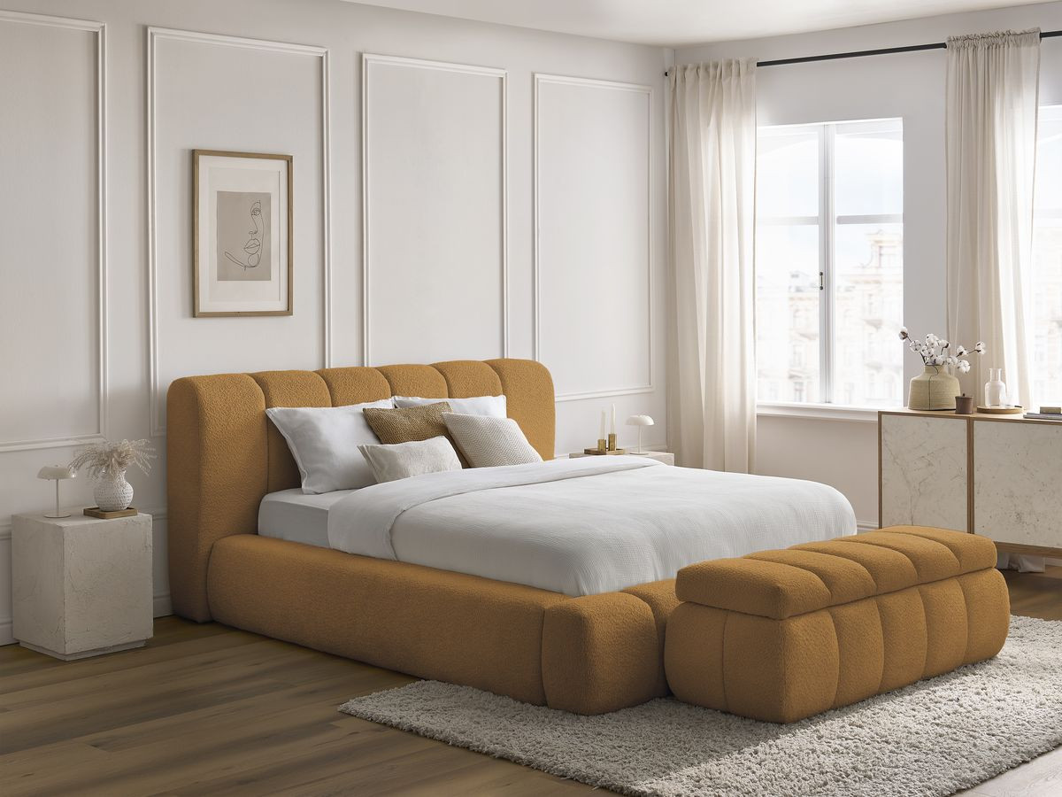 Lit coffre DENALI bouclette + Bout de lit DENALI jaune 140x190 + bout de lit