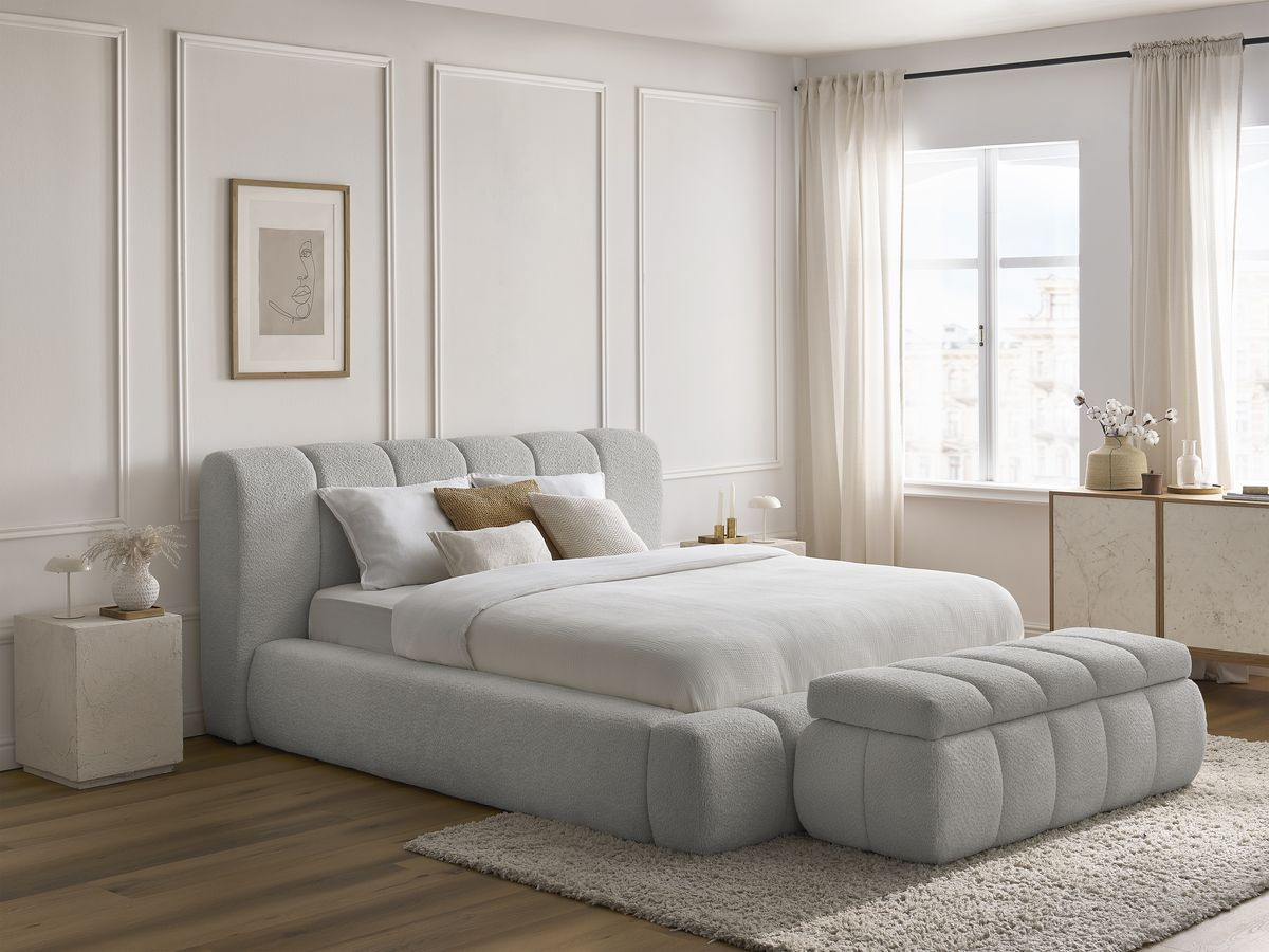 Lit coffre DENALI bouclette + Bout de lit DENALI gris clair 140x190 + bout de lit