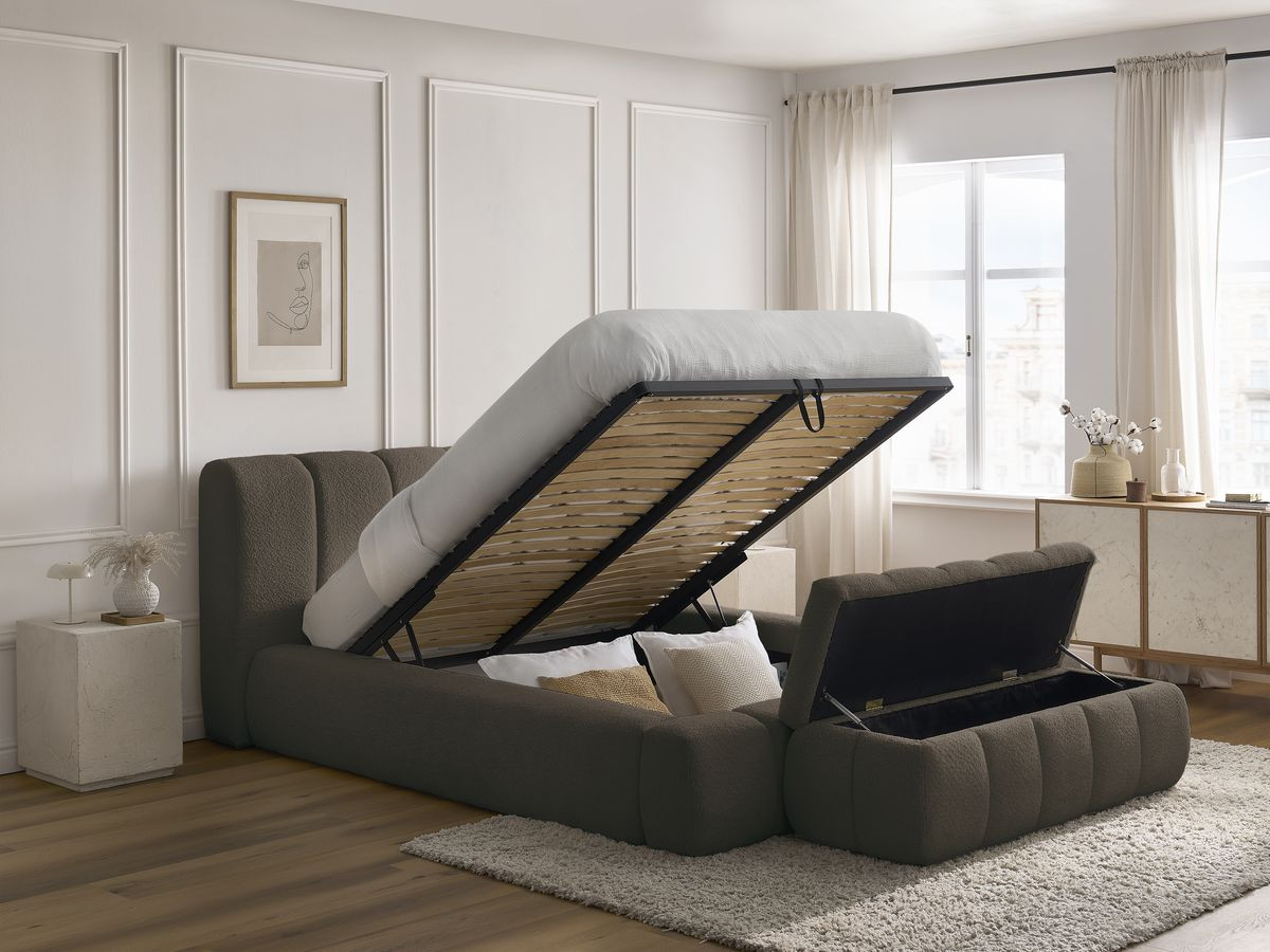 Lit coffre DENALI tissu bouclette + Bout de lit DENALI