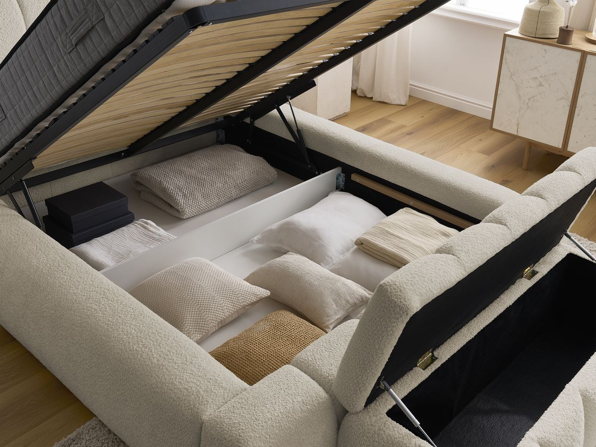 Lit coffre DENALI tissu bouclette + Bout de lit DENALI