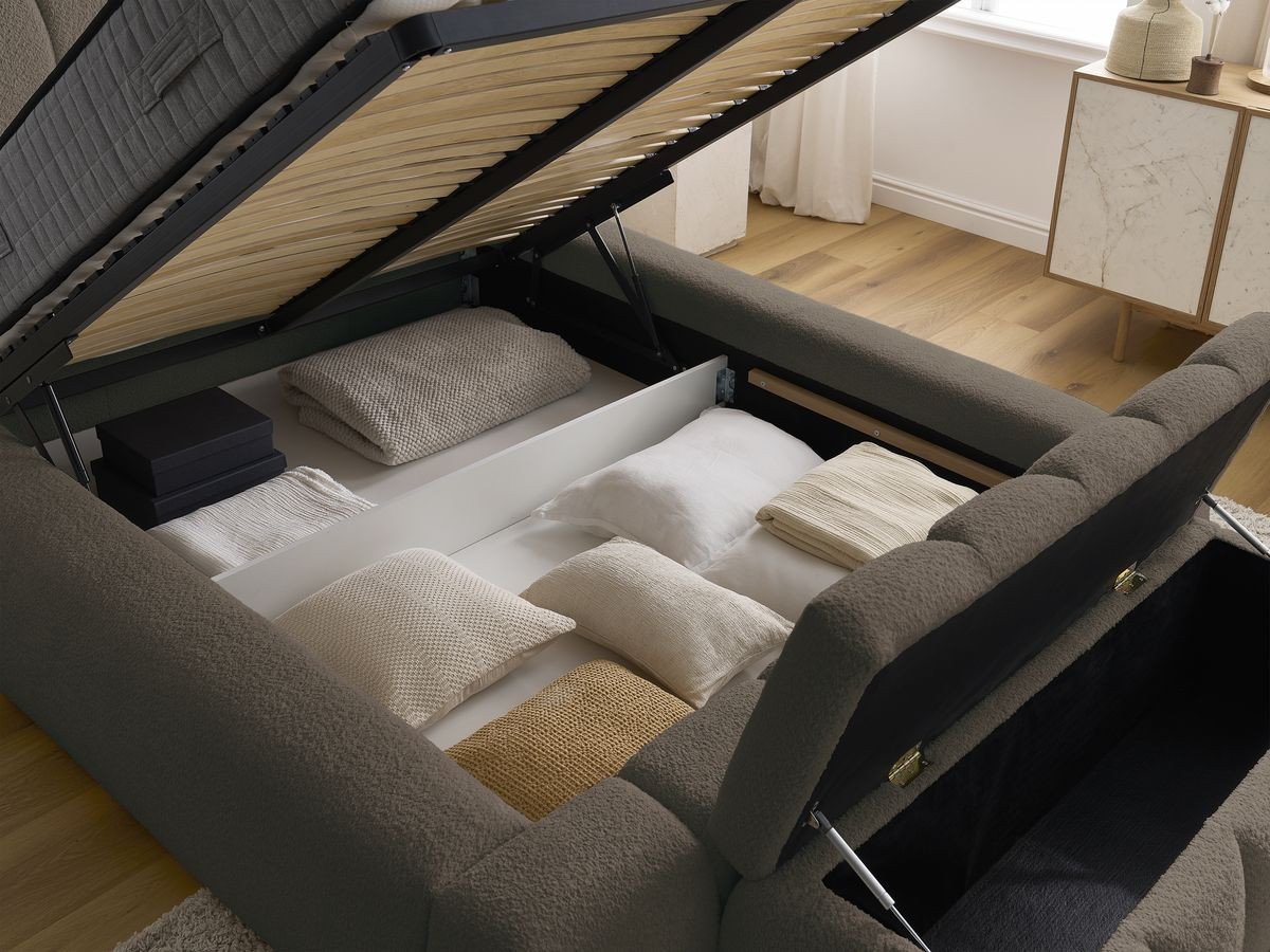 Lit coffre DENALI tissu bouclette + Bout de lit DENALI