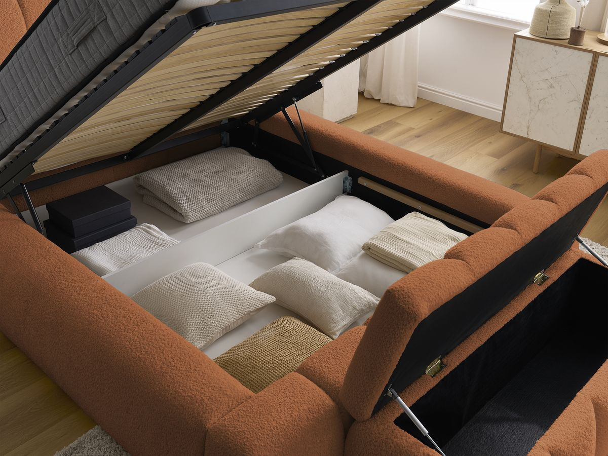 Lit coffre DENALI tissu bouclette + Bout de lit DENALI