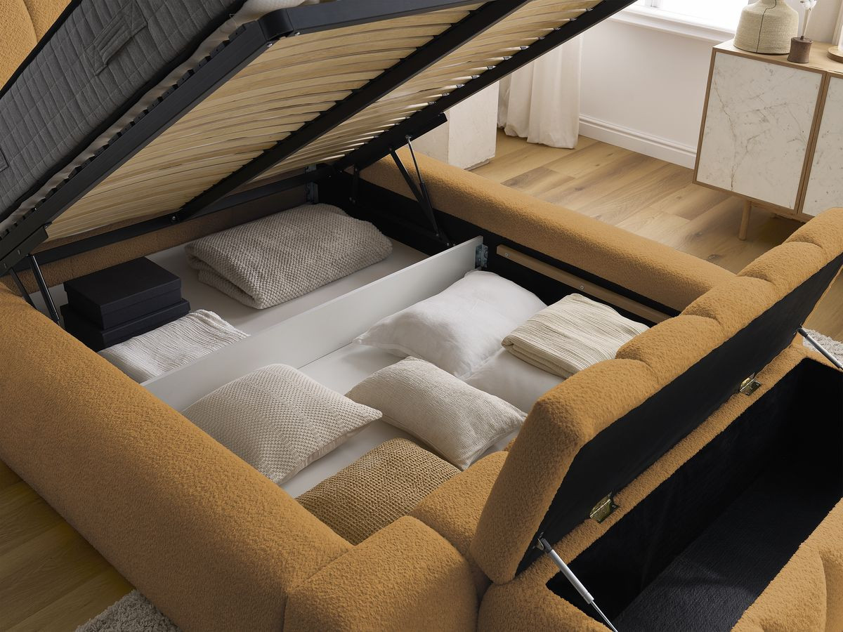 Lit coffre DENALI tissu bouclette + Bout de lit DENALI