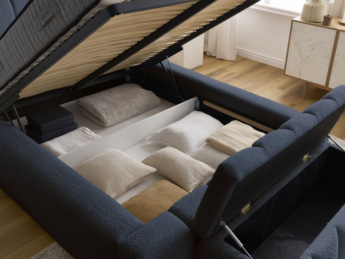 Lit coffre DENALI tissu bouclette + Bout de lit DENALI