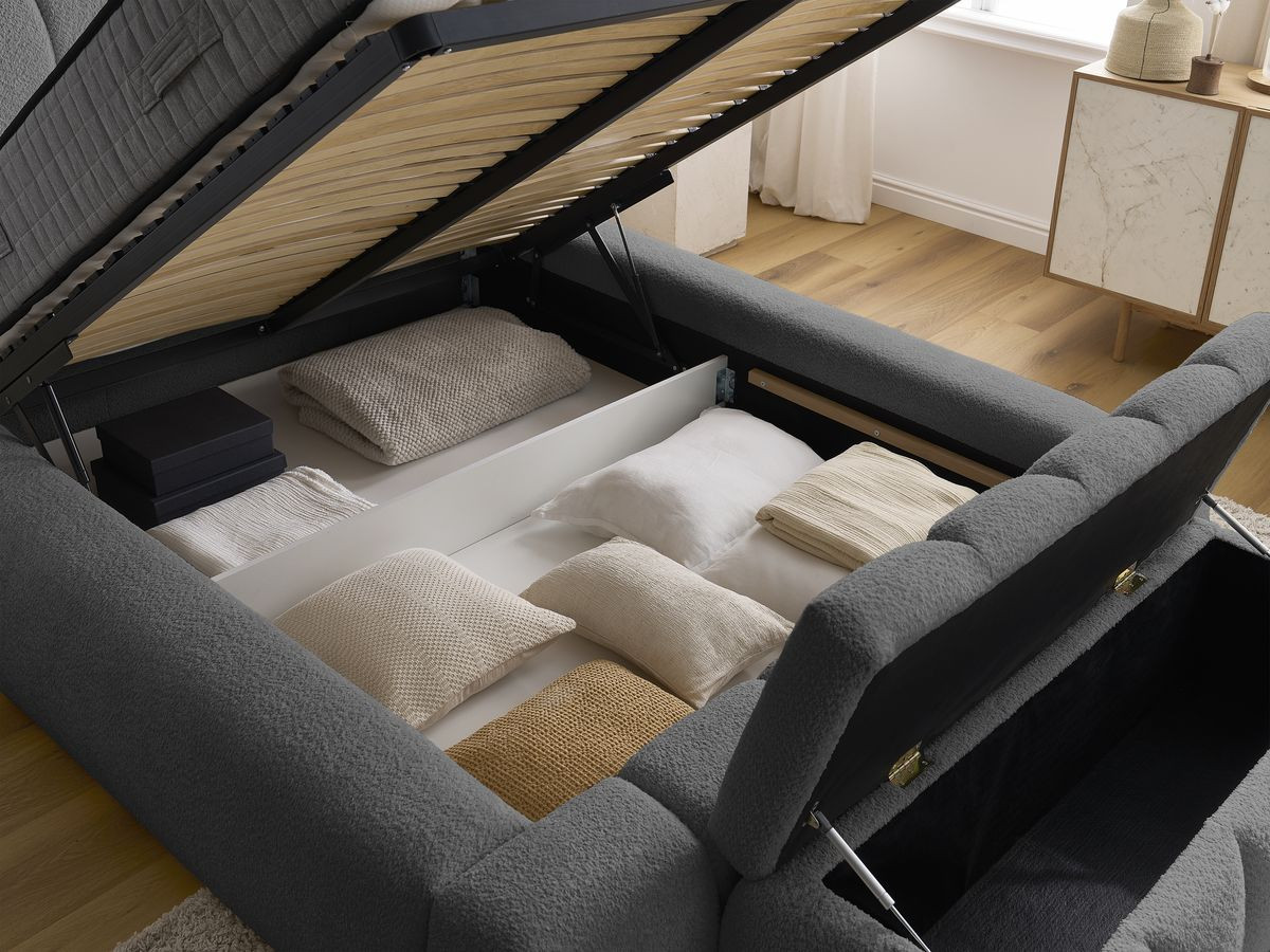 Lit coffre DENALI tissu bouclette + Bout de lit DENALI