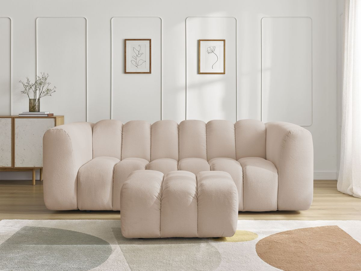 Canapé droit fixe 3 places TALIA tissu chiné avec pouf beige BOBOCHIC - Vue supplémentaire 3