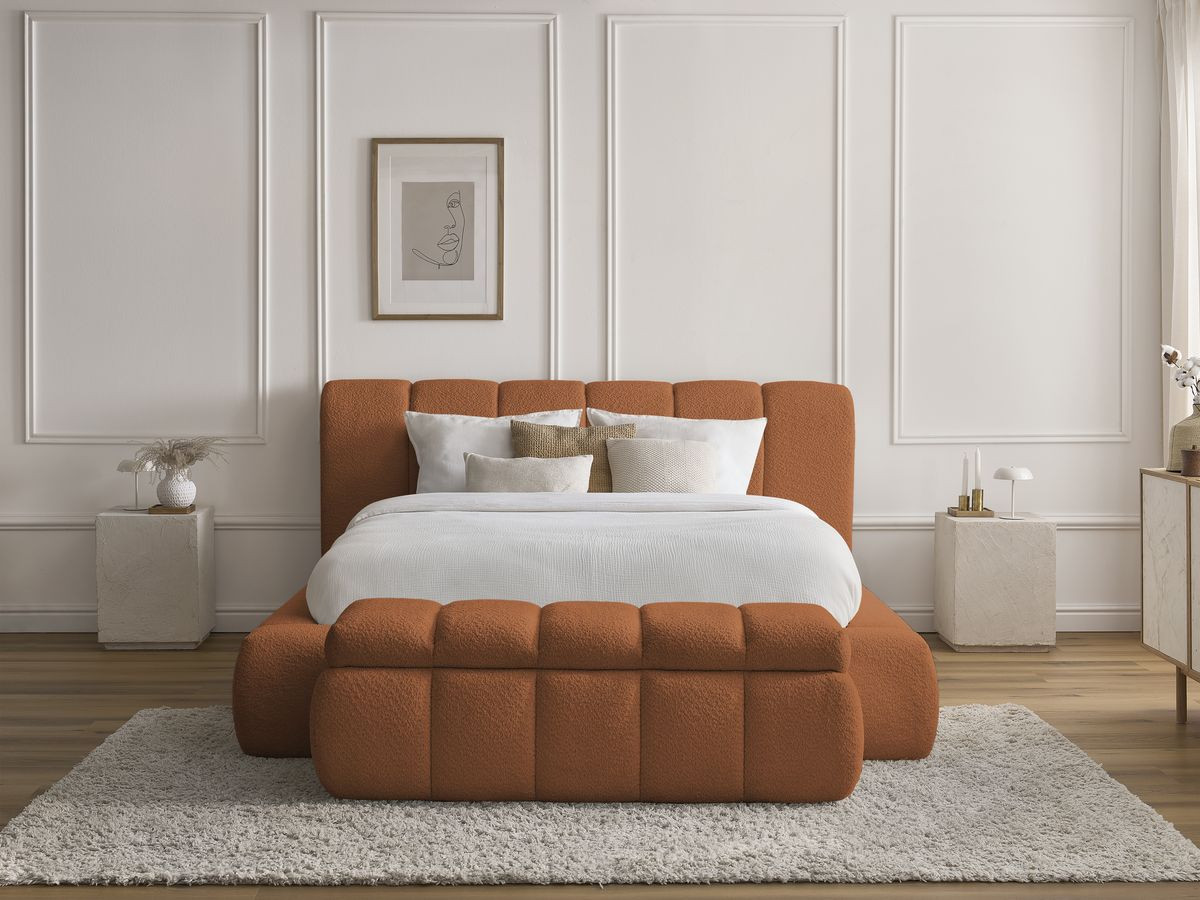 Lit coffre DENALI tissu bouclette + Bout de lit DENALI