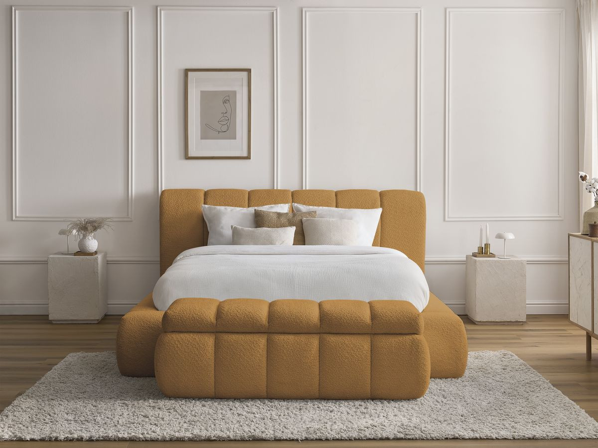 Lit coffre DENALI tissu bouclette + Bout de lit DENALI