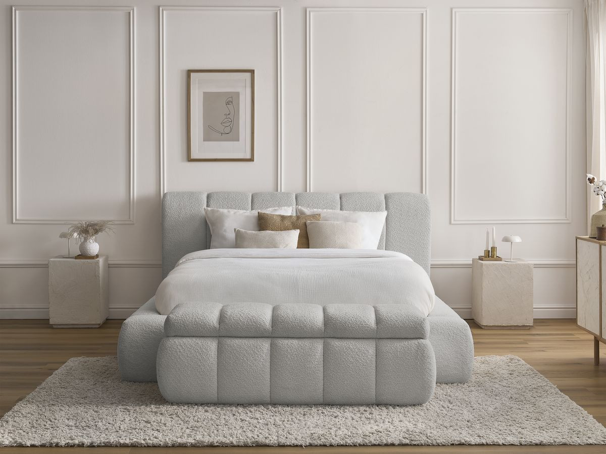 Lit coffre DENALI tissu bouclette + Bout de lit DENALI