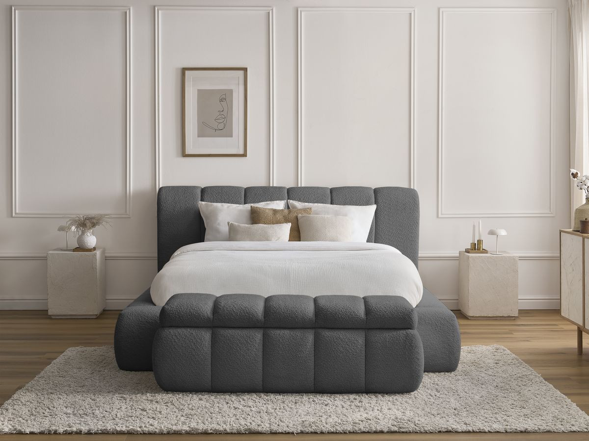 Lit coffre DENALI tissu bouclette + Bout de lit DENALI