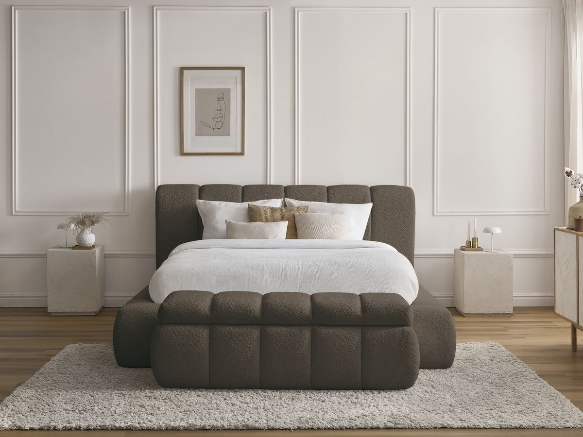 Lit coffre DENALI tissu bouclette + Bout de lit DENALI