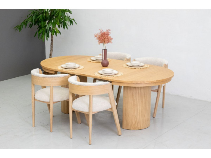 Ensemble PRADO avec table à manger extensible 110 à 210 cm + 4 chaises BASTIDE placage chêne massif