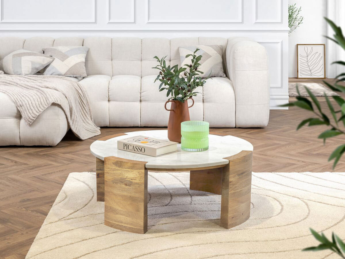 Ronde salontafel D.85 cm TORVI marmeren blad en massief licht mangohouten poten