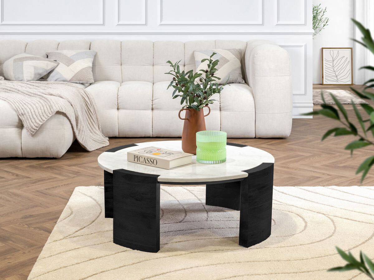 Table basse ronde D.85 cm TORVI plateau marbre et pieds bois massif de manguier noir    BOBOCHIC