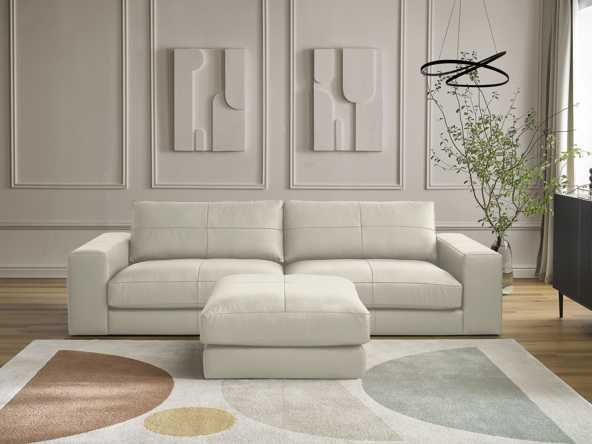 Canapé droit 3 places LEONARD cuir de vache avec pouf beige — vue 5