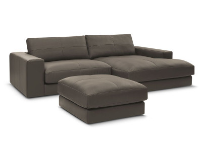 Canapé d'angle fixe LEONARD cuir de vache avec pouf