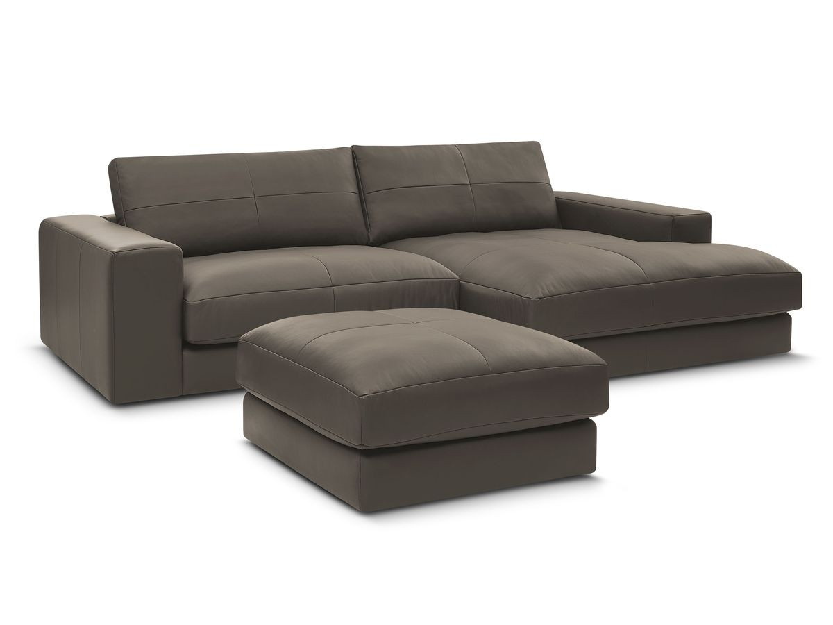 Canapé d'angle fixe LEONARD cuir de vache avec pouf