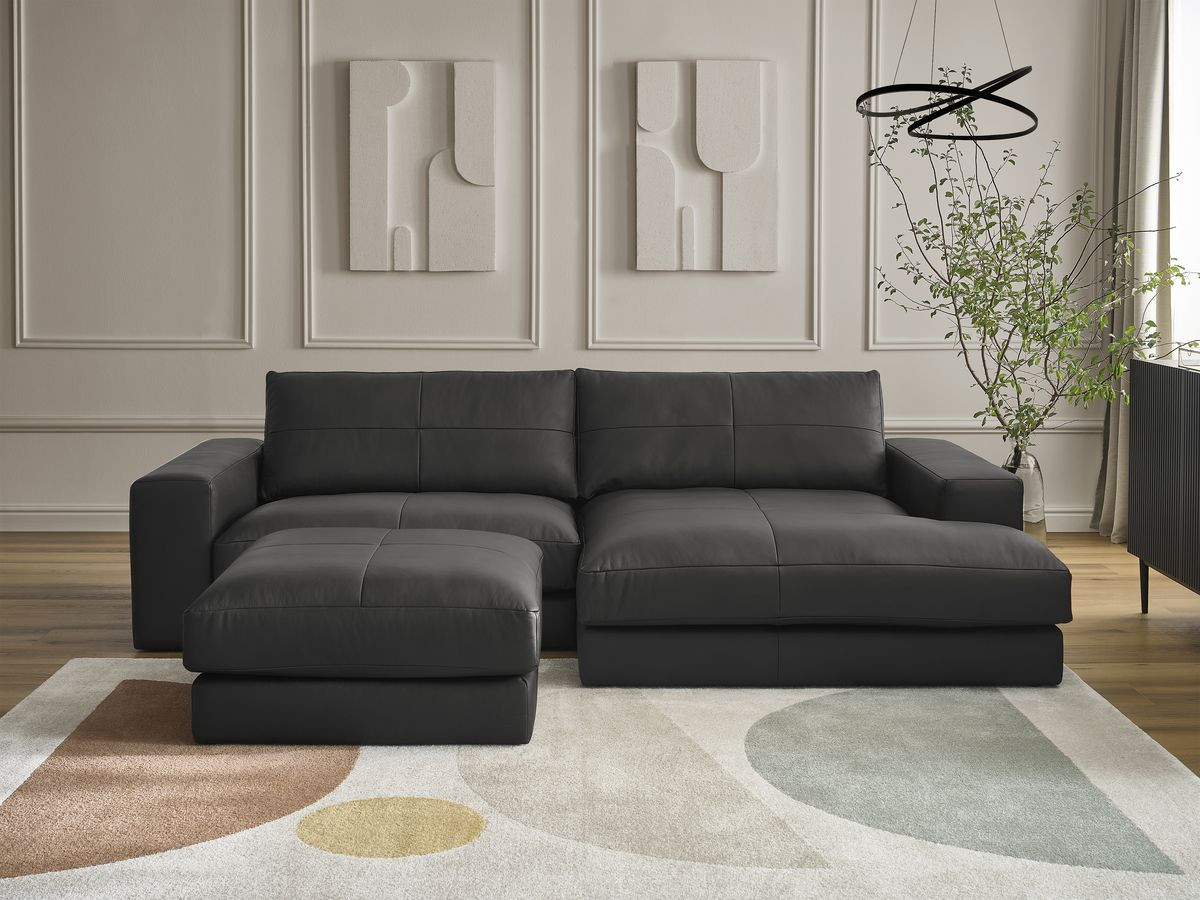 Canapé d'angle fixe LEONARD cuir de vache avec pouf noir angle droit BOBOCHIC 4 places - Vue supplémentaire 3