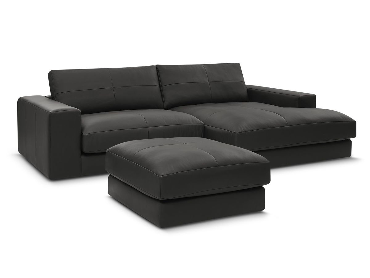 Canapé d'angle fixe LEONARD cuir de vache avec pouf