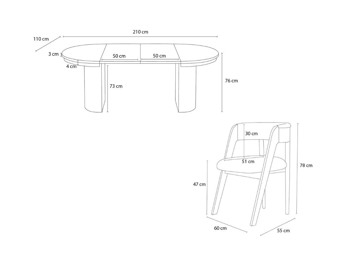 PRADO set met uitschuifbare eettafel 110 tot 210 cm + 4 BASTIDE stoelen in massief eiken fineer