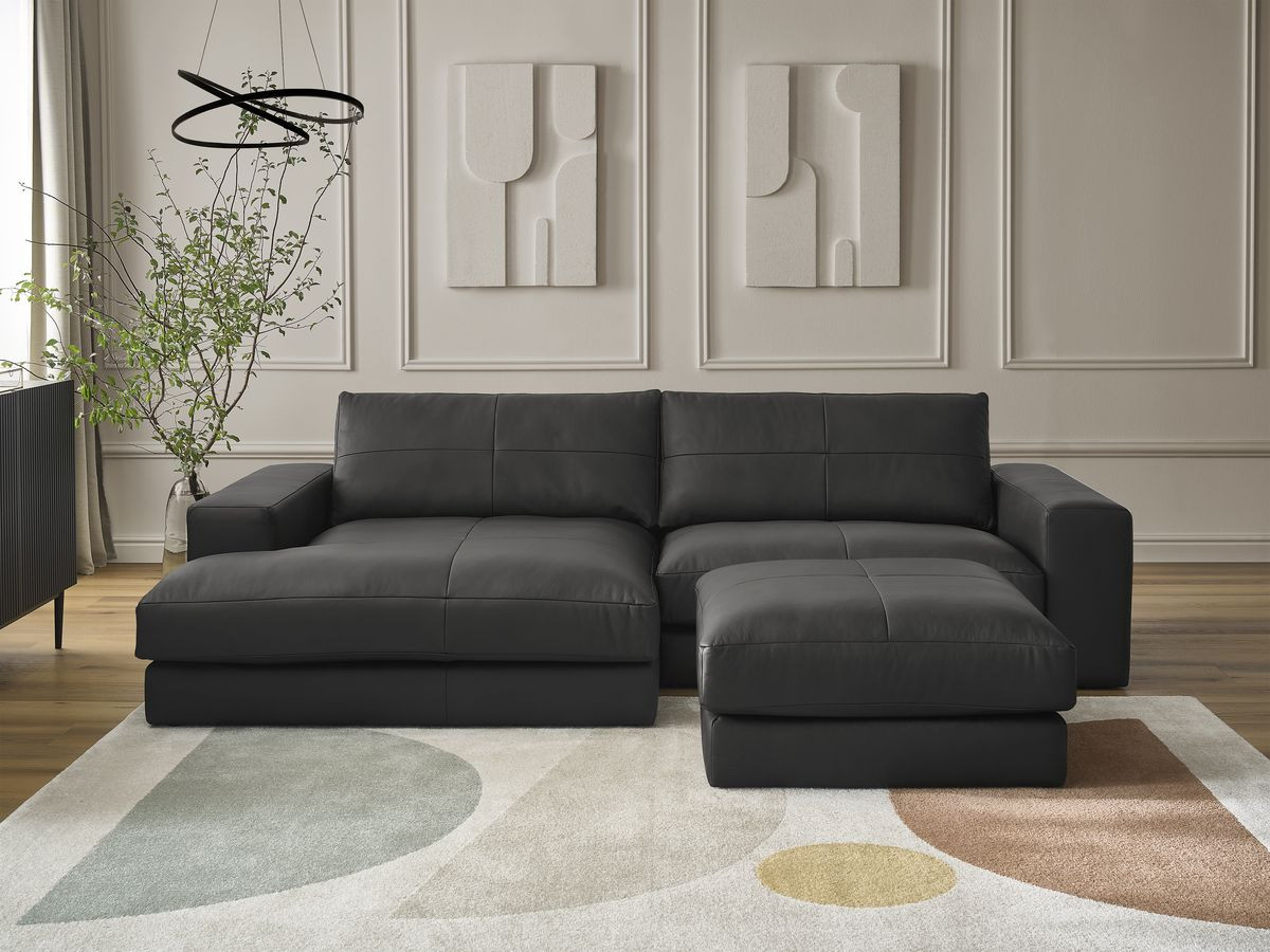 Canapé d'angle LEONARD cuir de vache avec pouf noir — vue 5