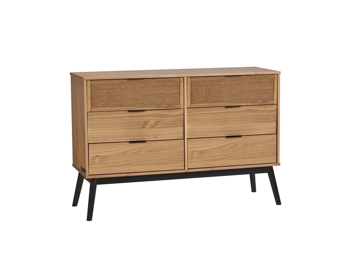 ALBI set met ladekast 120 cm + set van 2 nachtkastjes van massief hout en rotan