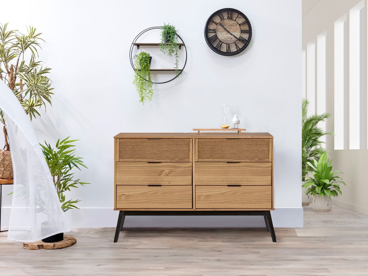 ALBI set met ladekast 120 cm + set van 2 nachtkastjes van massief hout en rotan