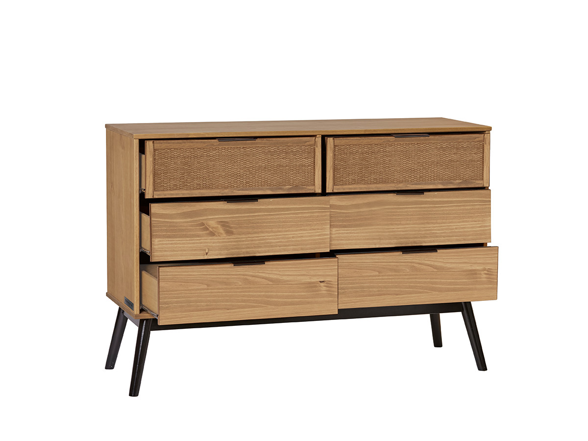 ALBI set met ladekast 120 cm + set van 2 nachtkastjes van massief hout en rotan