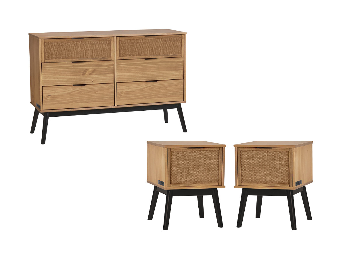 Ensemble ALBI avec commode 120 cm + lot de 2 chevets bois massif et rotin