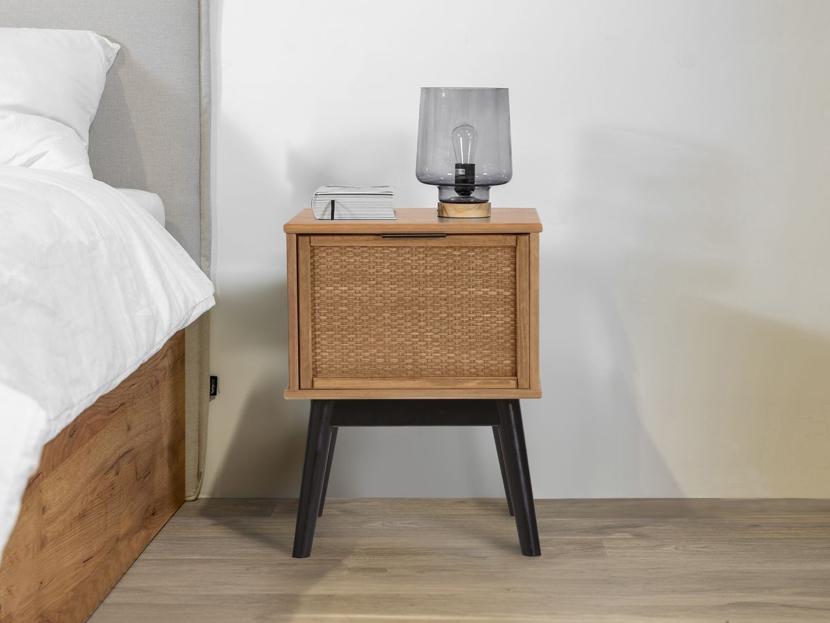 ALBI set met ladekast 120 cm + set van 2 nachtkastjes van massief hout en rotan