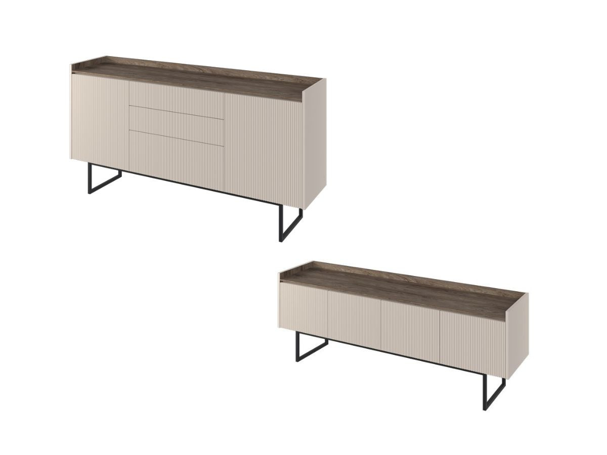 LOUNA set met 166 cm dressoir + 166 cm beige en houtlook tv-meubel met noppen en led-verlichting