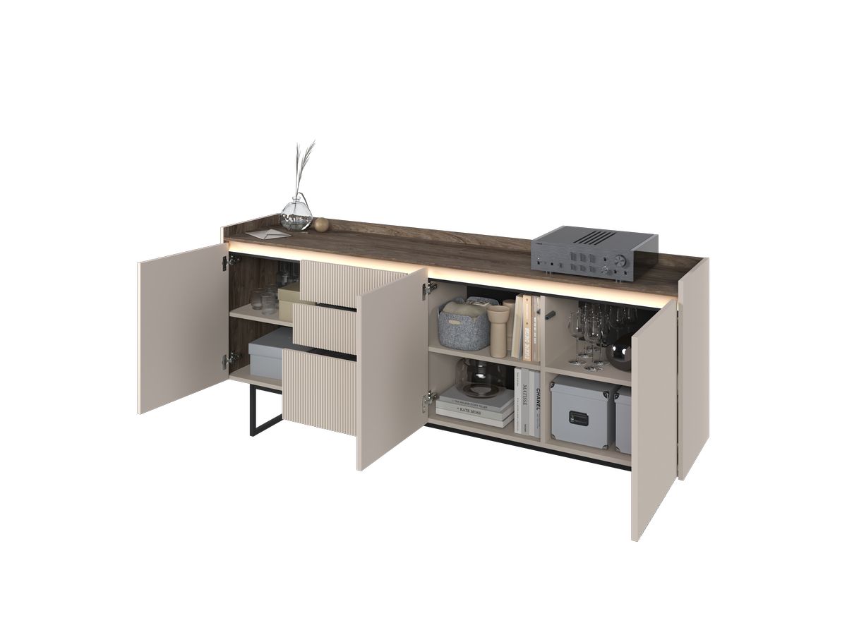 Ensemble LOUNA avec buffet 192 cm + meuble TV 192 cm beige et effet bois avec tasseaux et LED