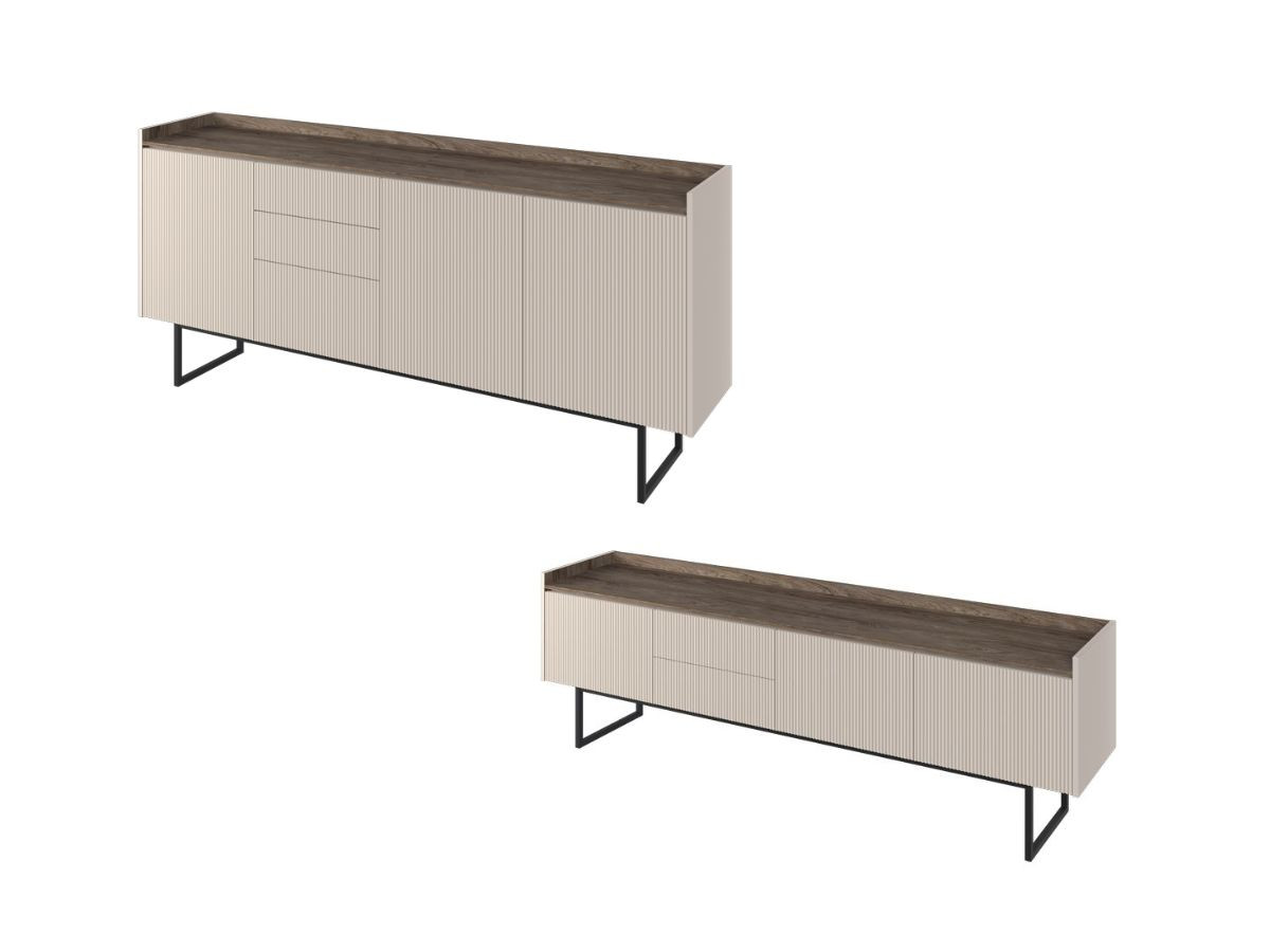 LOUNA set met 192 cm dressoir + 192 cm beige en houtlook tv-meubel met noppen en led-verlichting