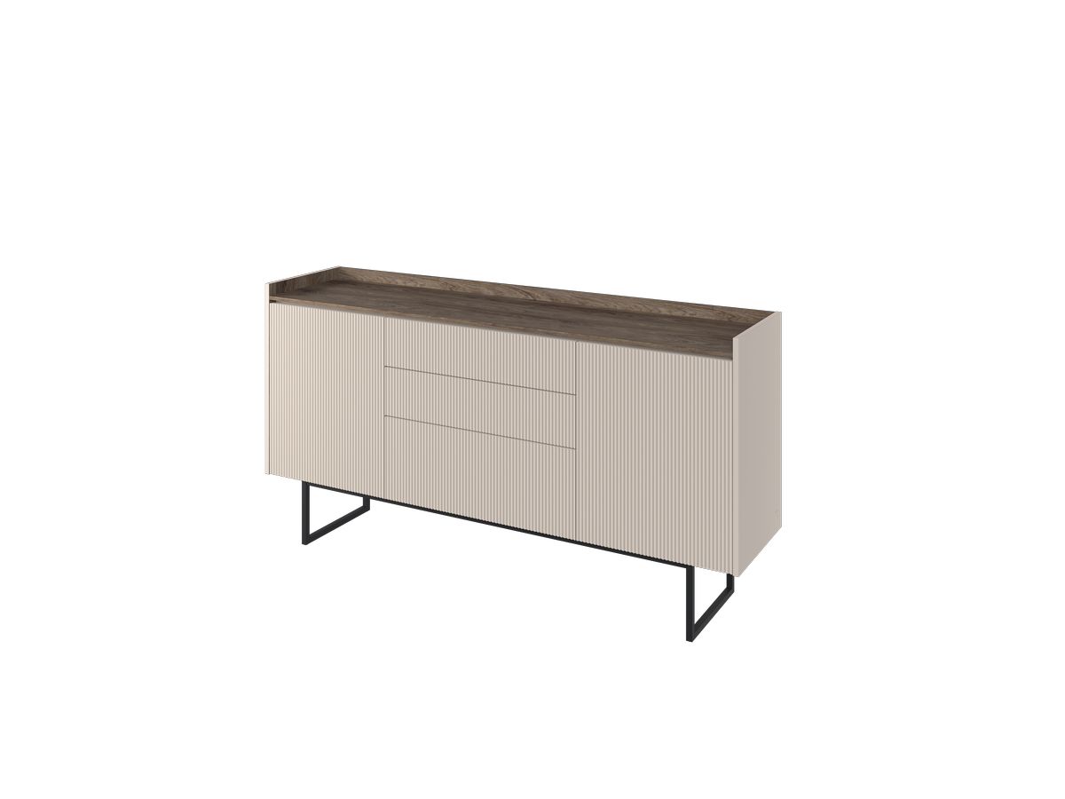 Buffet 2 portes 166 cm LOUNA beige et effet bois avec tasseaux et LED