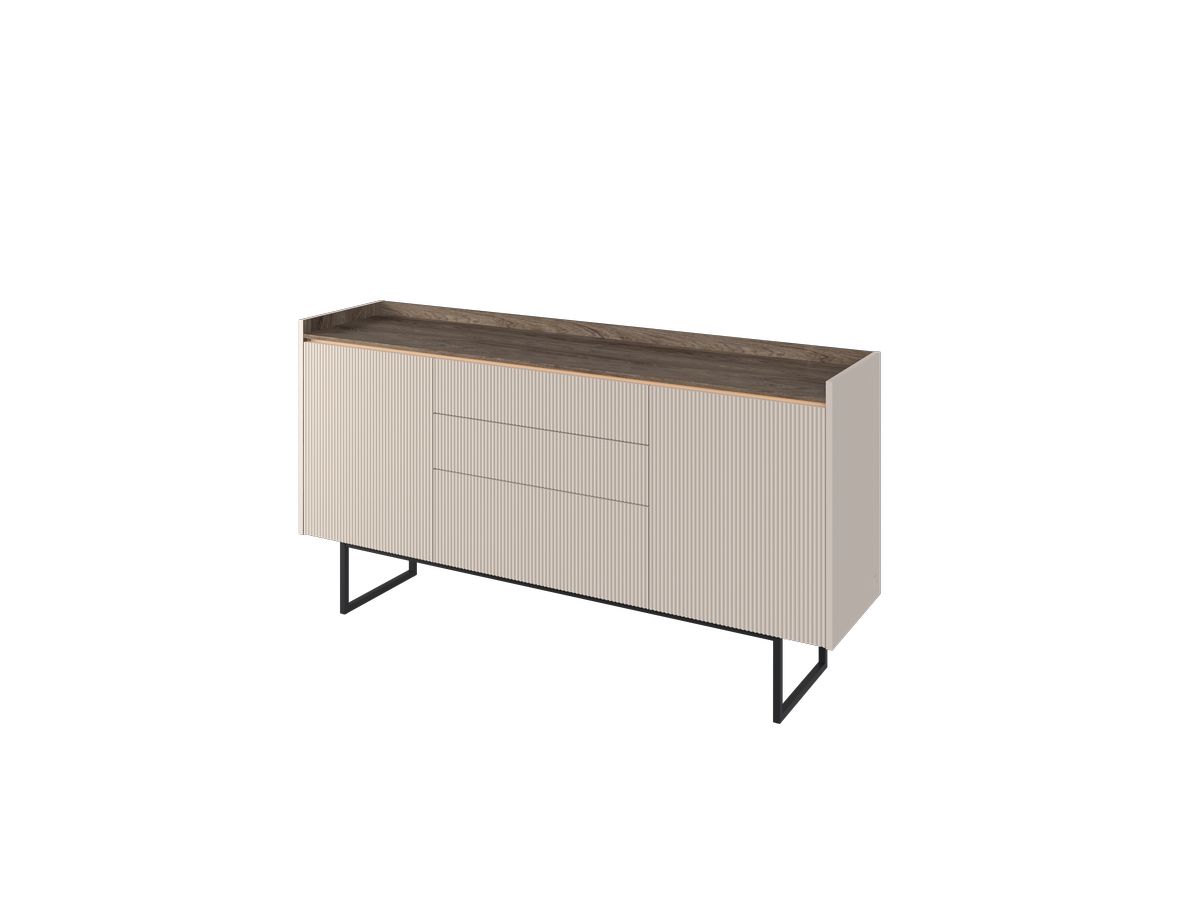 LOUNA set met 166 cm dressoir + 166 cm tv-meubel + beige en houtlook salontafel met noppen en led-verlichting