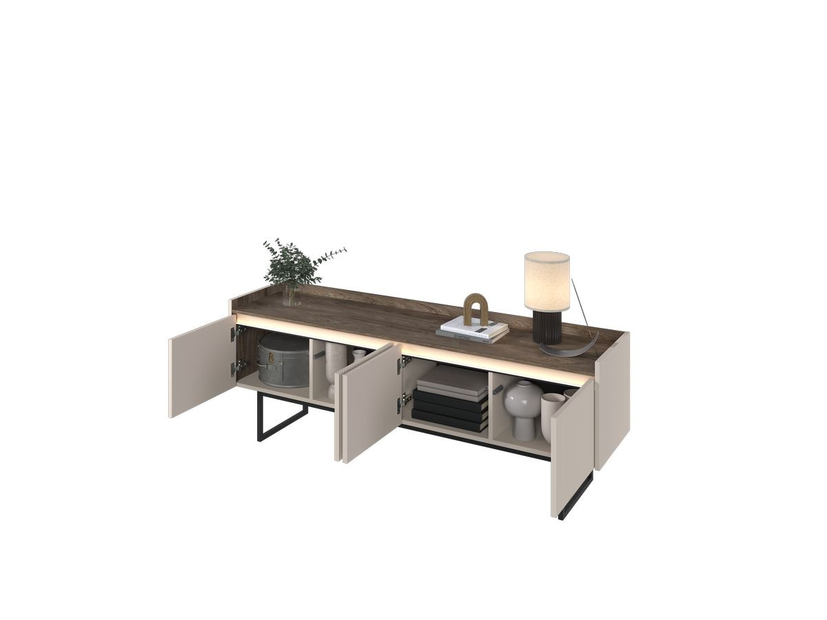LOUNA set met 166 cm dressoir + 166 cm tv-meubel + beige en houtlook salontafel met noppen en led-verlichting