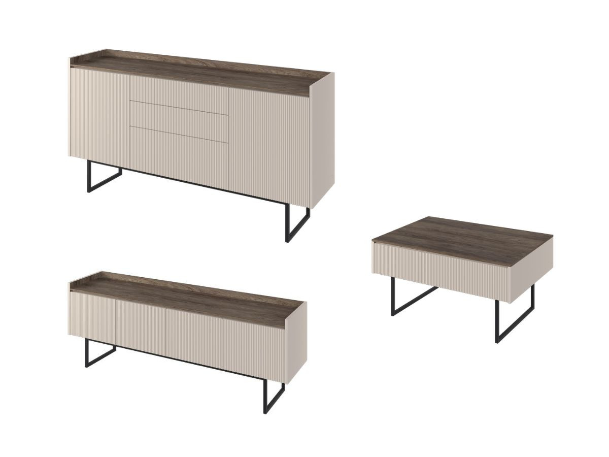 Ensemble LOUNA avec buffet 166 cm + meuble TV 166 cm + table basse beige et effet bois avec tasseaux et LED    BOBOCHIC