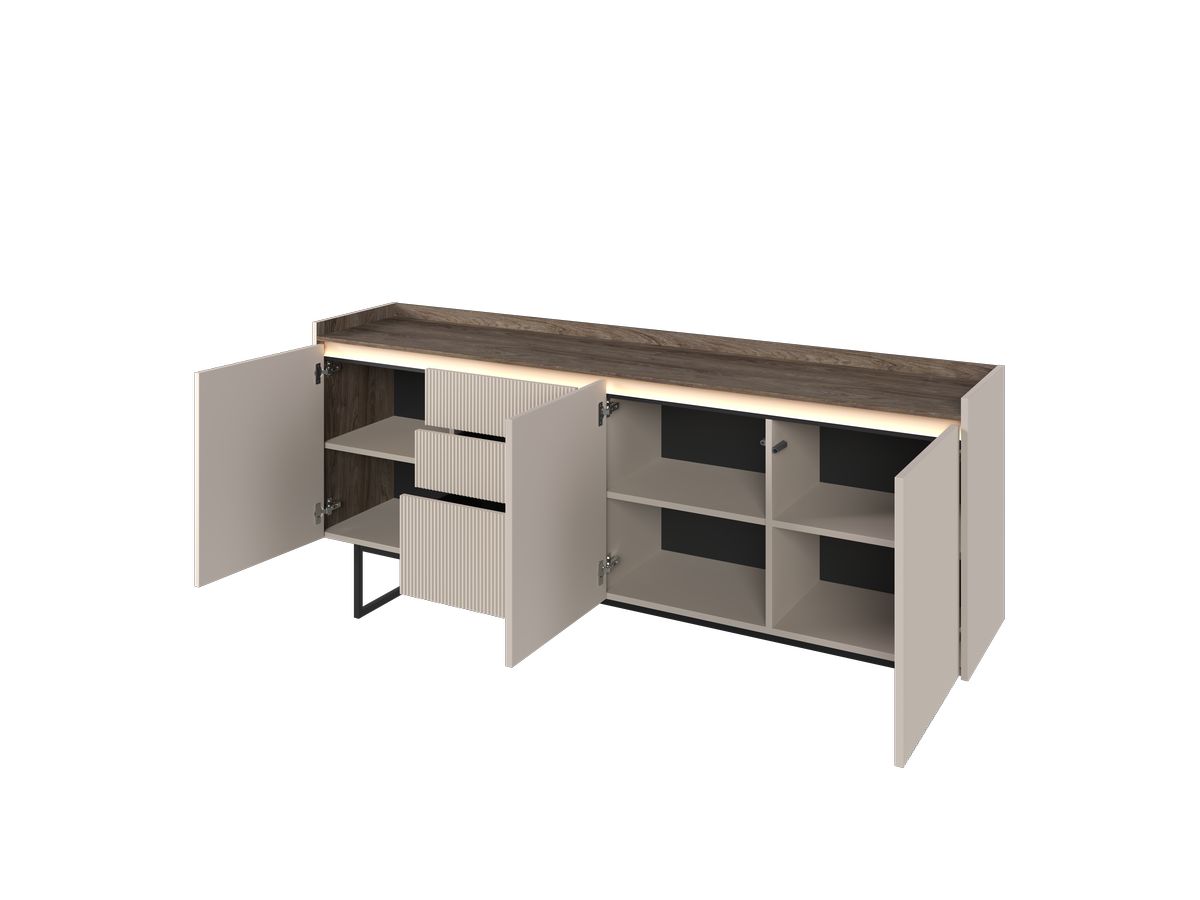 LOUNA set met 192 cm dressoir + 192 cm tv-meubel + beige en houtlook salontafel met noppen en led-verlichting