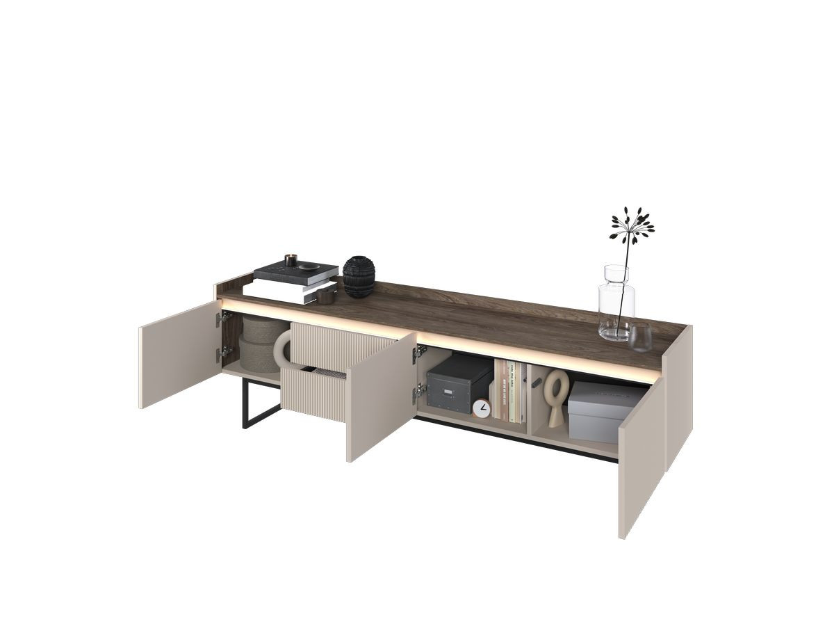 LOUNA set met 192 cm dressoir + 192 cm tv-meubel + beige en houtlook salontafel met noppen en led-verlichting