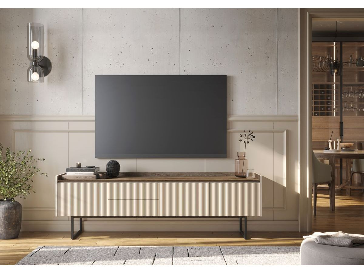 LOUNA set met 192 cm dressoir + 192 cm tv-meubel + beige en houtlook salontafel met noppen en led-verlichting