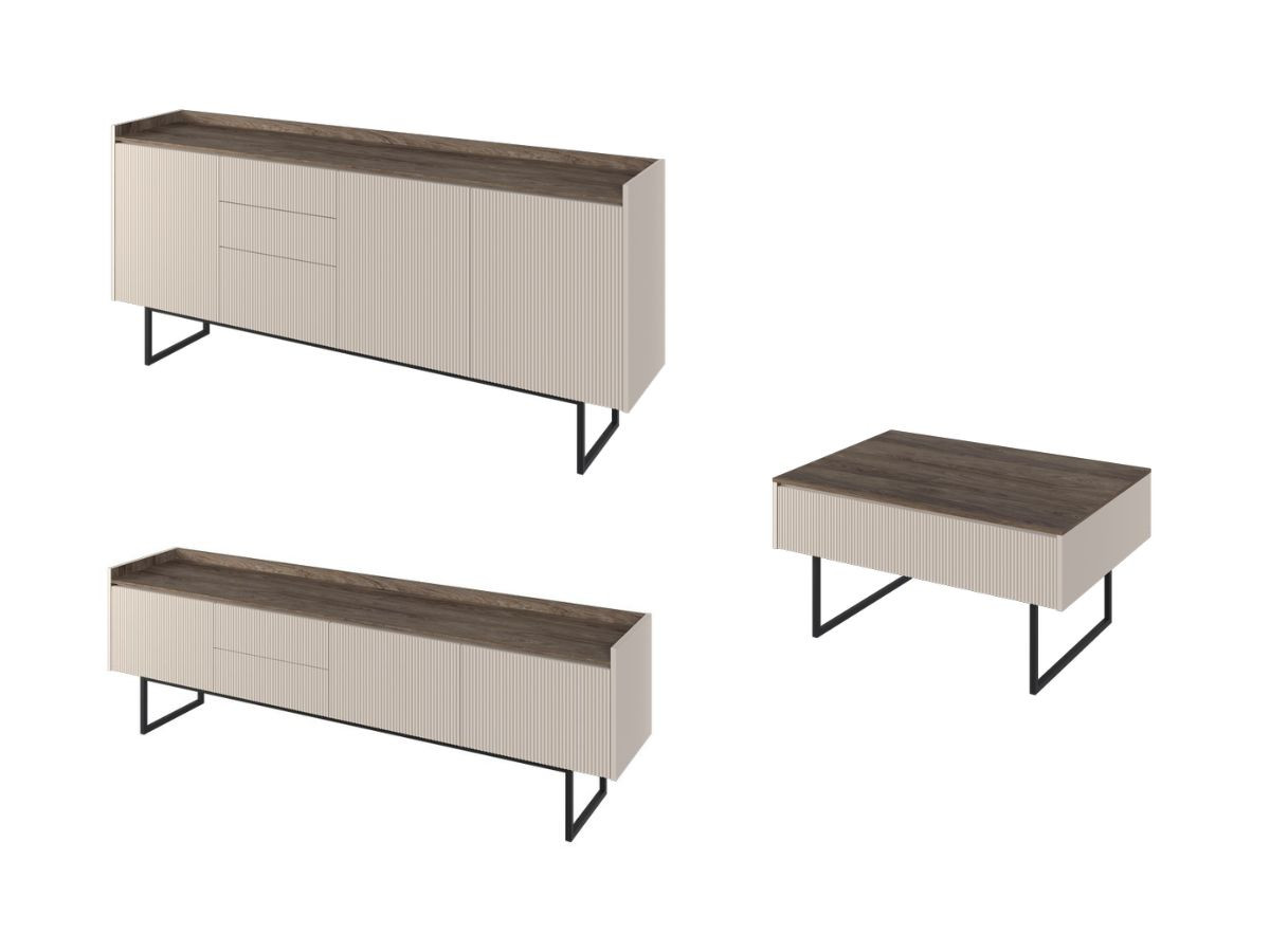 LOUNA set met 192 cm dressoir + 192 cm tv-meubel + beige en houtlook salontafel met noppen en led-verlichting