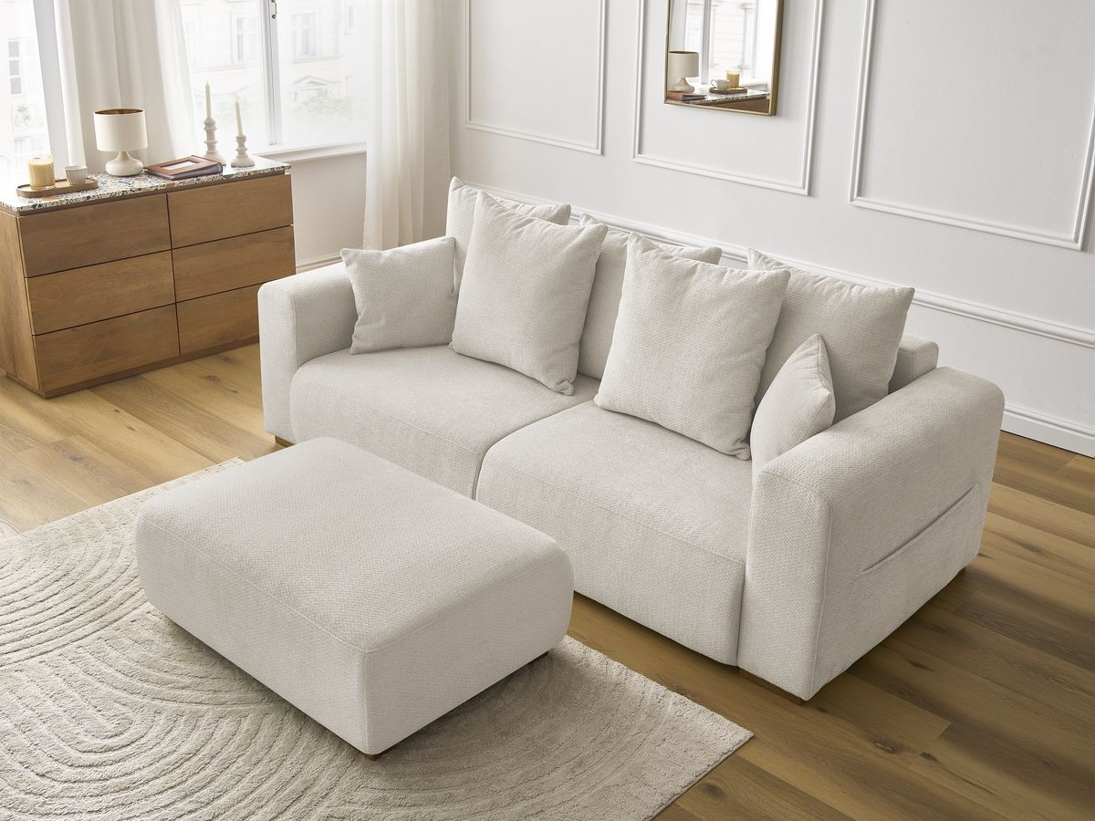 Canapé droit fixe 3 places SIDONIE tissu chiné avec pouf