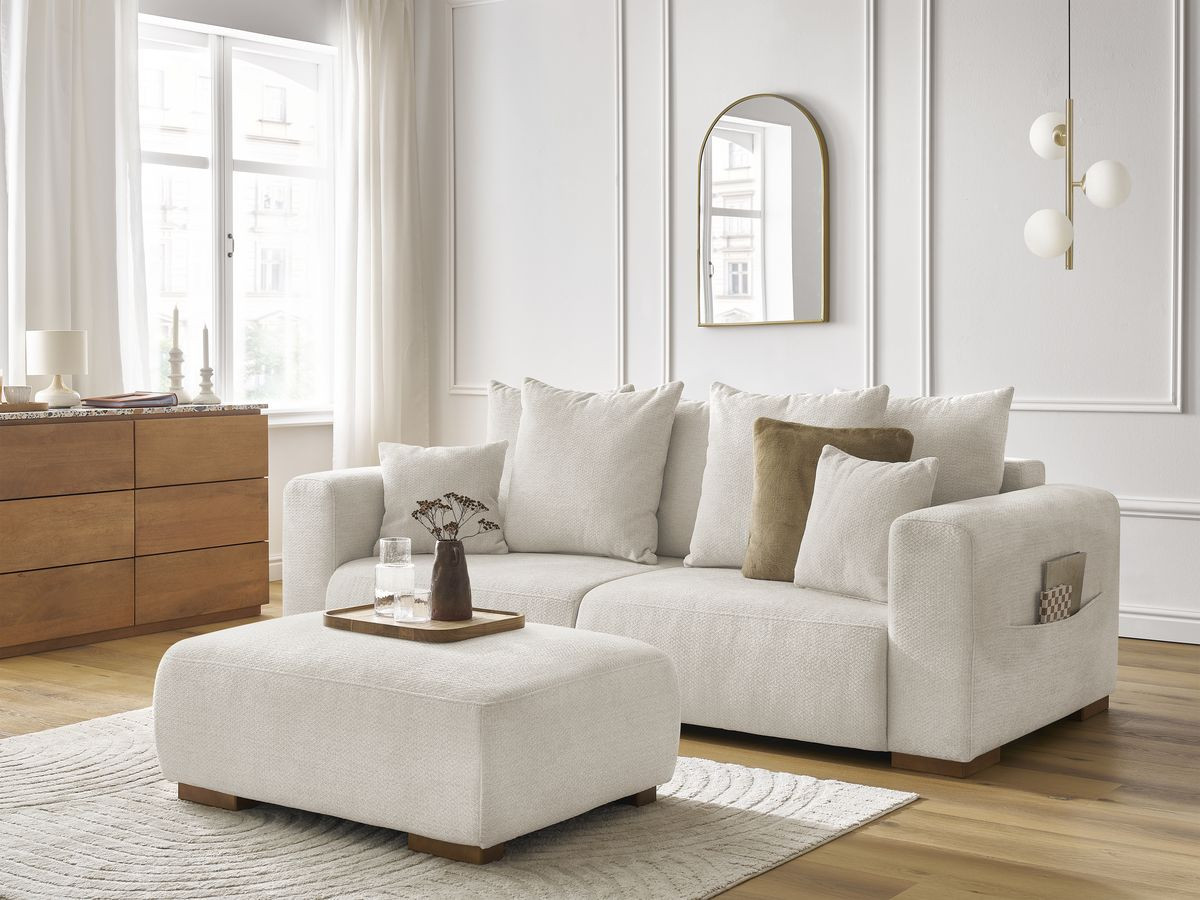 Canapé droit fixe 3 places SIDONIE tissu chiné avec pouf