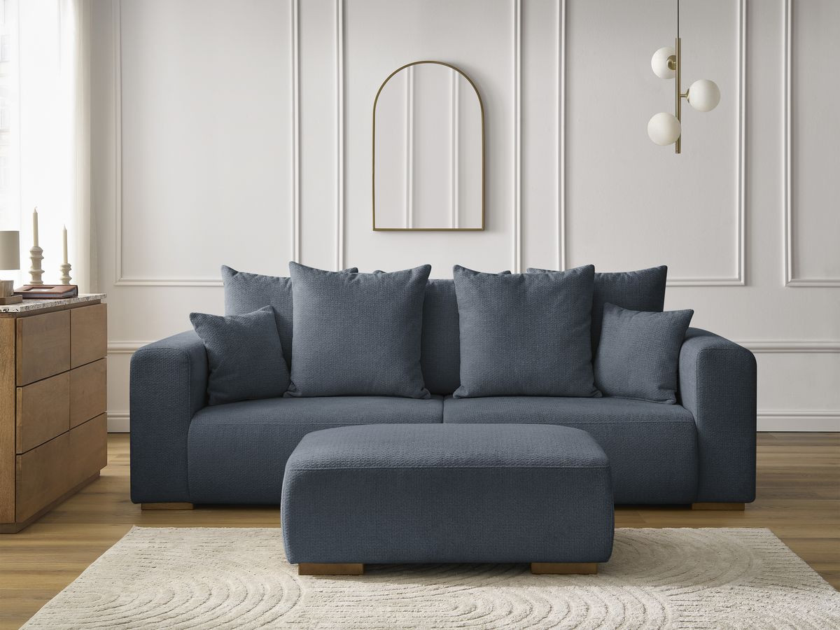 Canapé droit fixe 3 places SIDONIE tissu chiné avec pouf