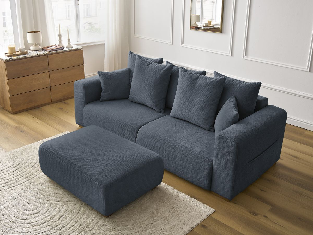 Canapé droit fixe 3 places SIDONIE tissu chiné avec pouf