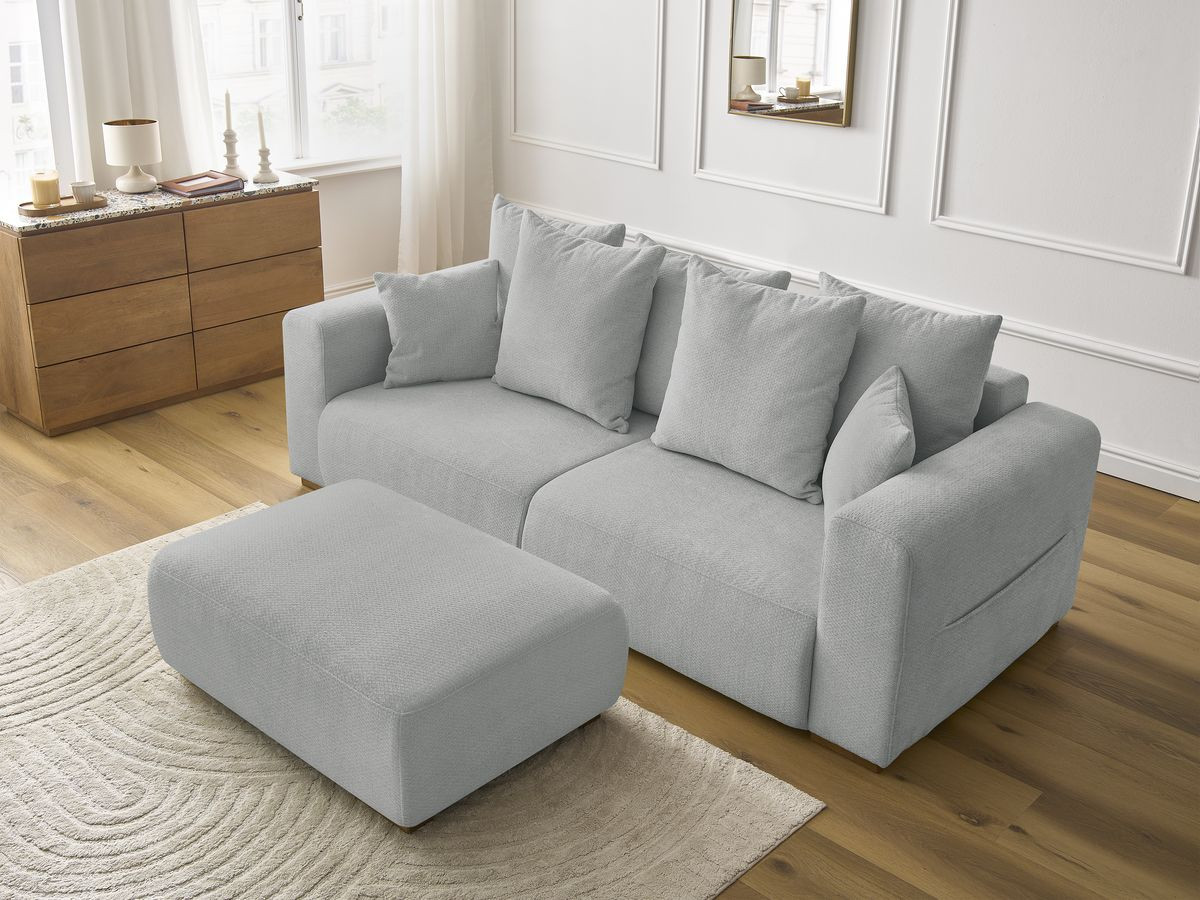 Canapé droit fixe 3 places SIDONIE tissu chiné avec pouf