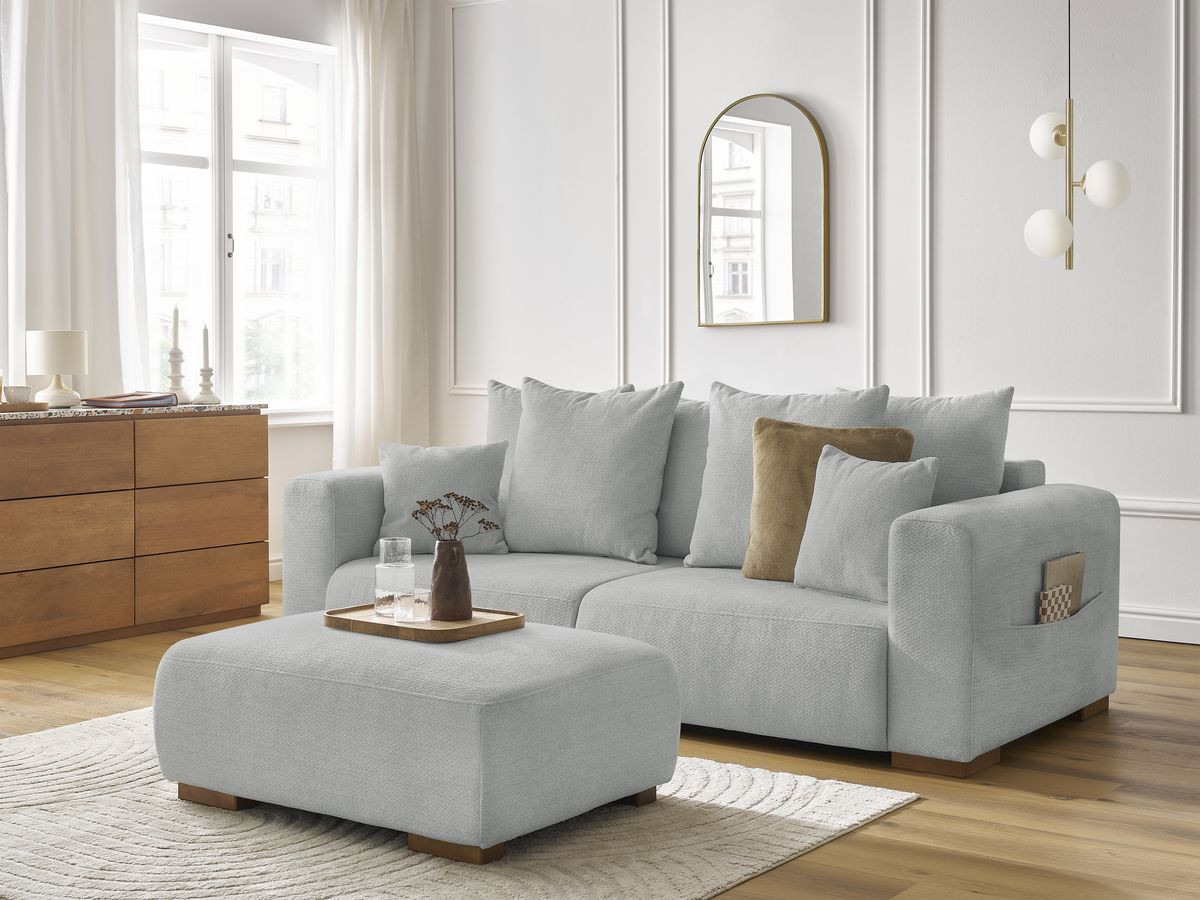 Canapé droit fixe 3 places SIDONIE tissu chiné avec pouf