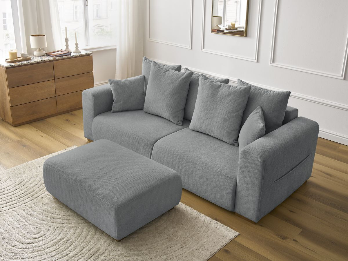 Canapé droit fixe 3 places SIDONIE tissu chiné avec pouf