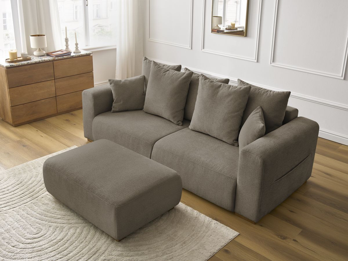 Canapé droit fixe 3 places SIDONIE tissu chiné avec pouf